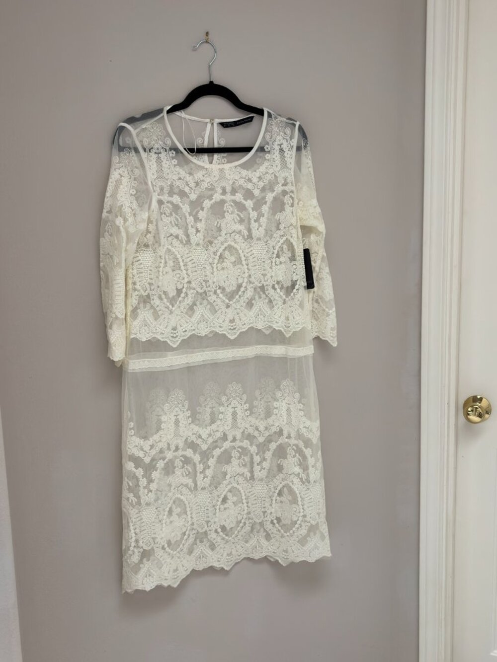 Zara Basic White Lace Sheer Tiered Midi Dress Scalloped NWT L